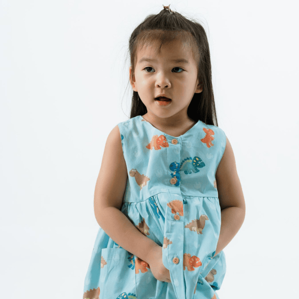 Girl Dress Button Down Sleeveless Big Eye Dinos - (Mint Green)