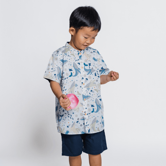 Boy Shirt Mandarin Collar - Ocean Wonderland (White)