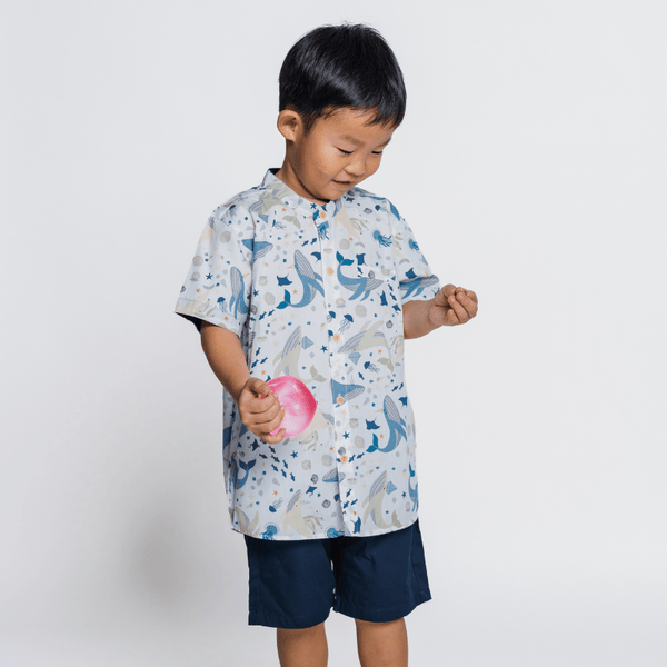 Boy Shirt Mandarin Collar - Ocean Wonderland (White)
