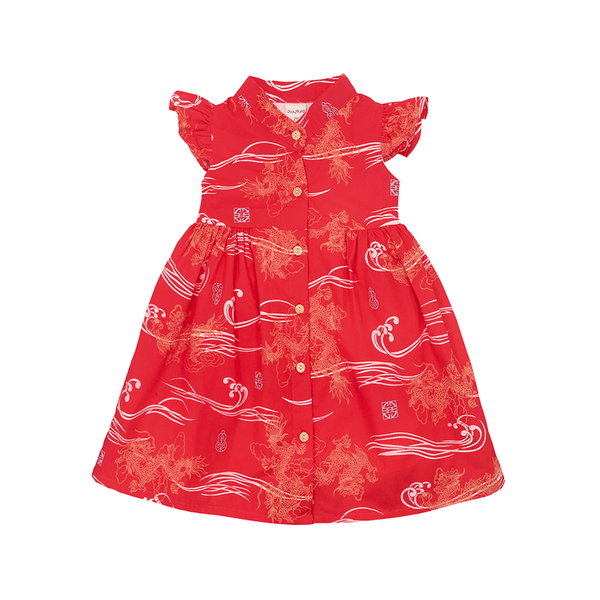 CNY Girl Dress Ruffle Sleeve Button Down Majestic Dragon (Red)