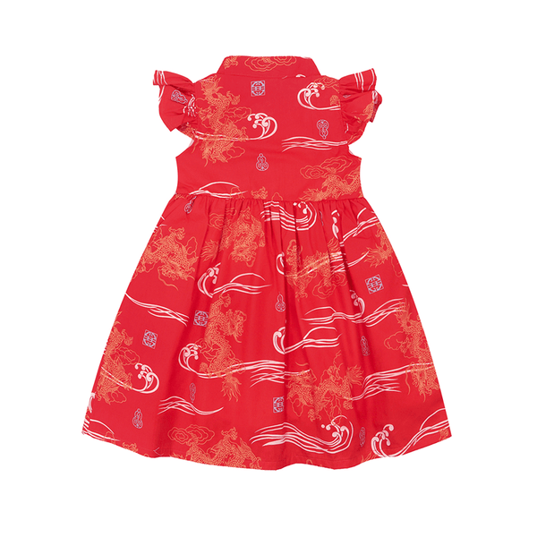 CNY Girl Dress Ruffle Sleeve Button Down Majestic Dragon (Red)