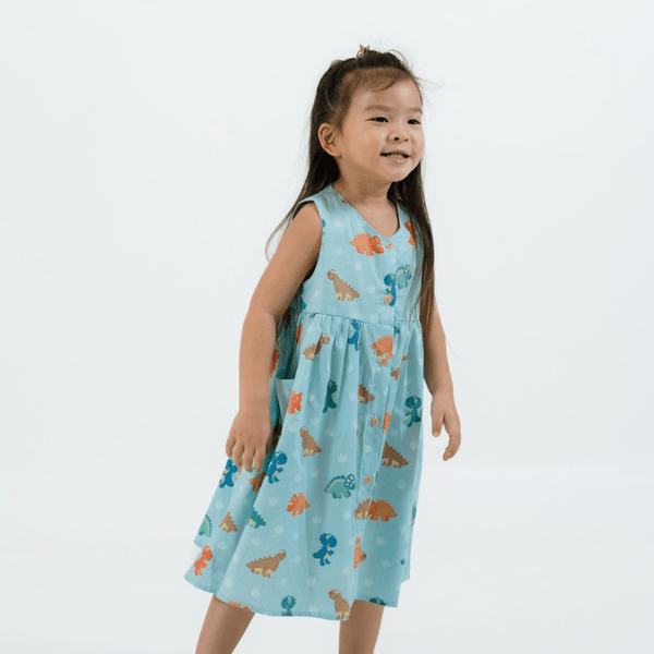 Girl Dress Button Down Sleeveless Big Eye Dinos - (Mint Green)