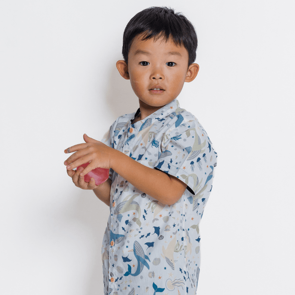 Boy Shirt Mandarin Collar - Ocean Wonderland (White)