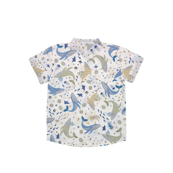Mandarin Collar Shirt - Ocean Wonderland (White)