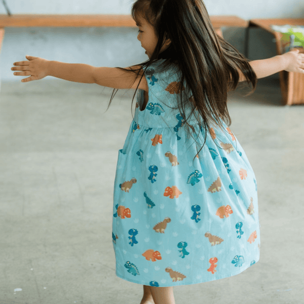 Girl Dress Button Down Sleeveless Big Eye Dinos - (Mint Green)
