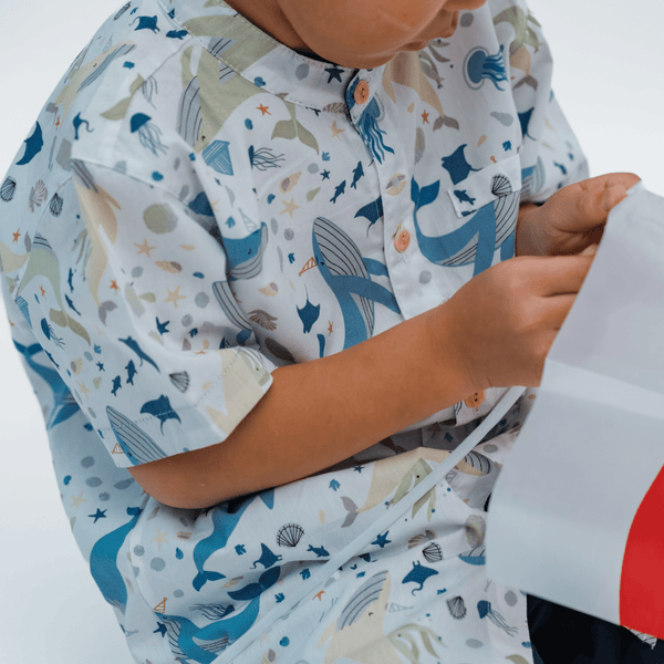 Boy Shirt Mandarin Collar - Ocean Wonderland (White)