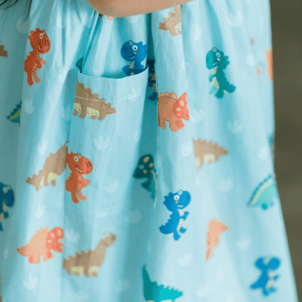 Girl Dress Button Down Sleeveless Big Eye Dinos - (Mint Green)