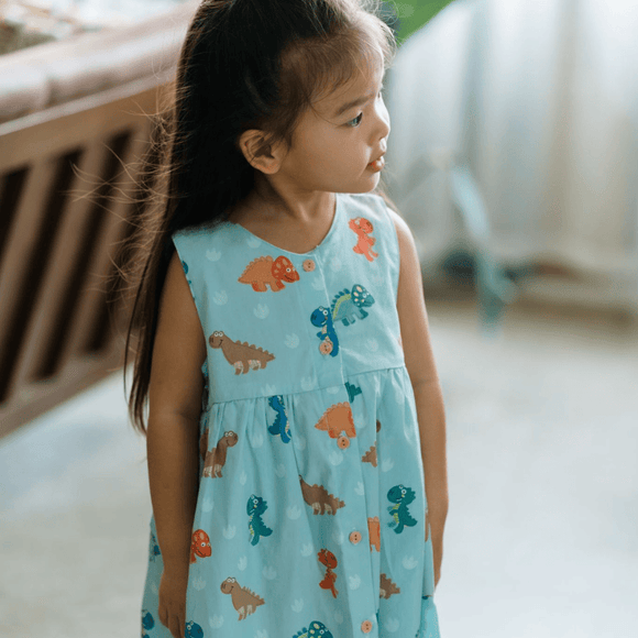 Girl Dress Button Down Sleeveless Big Eye Dinos - (Mint Green)