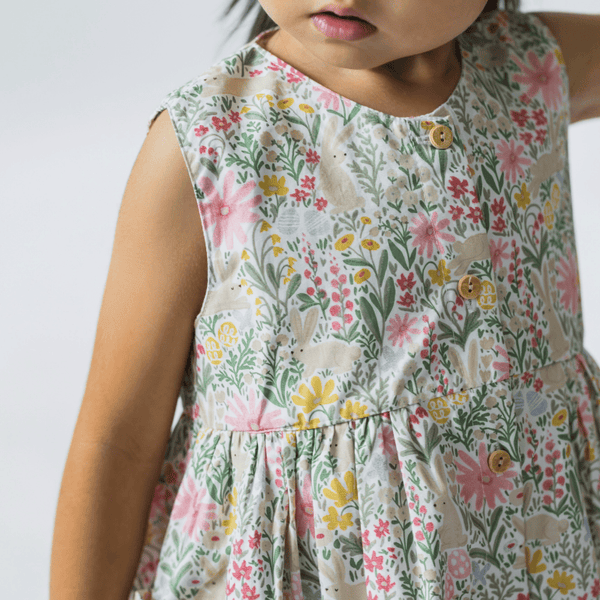 Girl Dress Button Down Sleeveless Secret Garden Bunny - (Pink)
