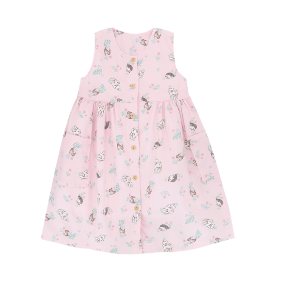 Girl Dress Button Down Sleeveless Bunny & Porcupine - (Pink)