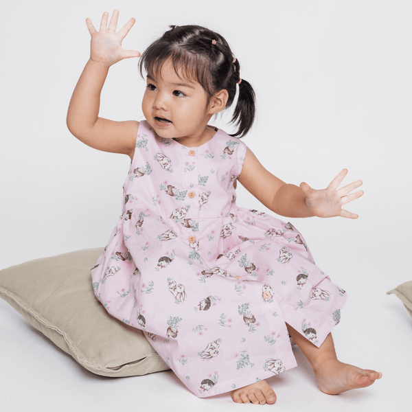 Girl Dress Button Down Sleeveless Bunny & Porcupine - (Pink)