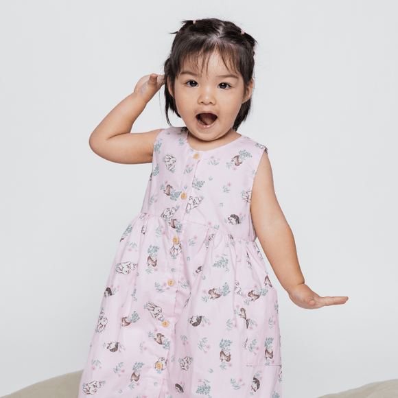 Girl Dress Button Down Sleeveless Bunny & Porcupine - (Pink)