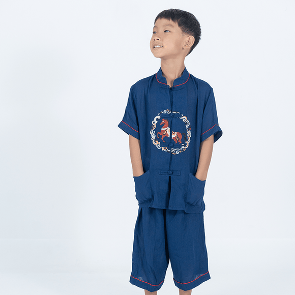 CNY Boy 2pc Set Galloping Horse - (Navy)