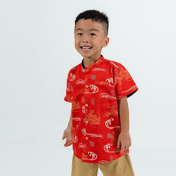 CNY Boy Shirt Mandarin Collar - Majestic Dragon (Red)
