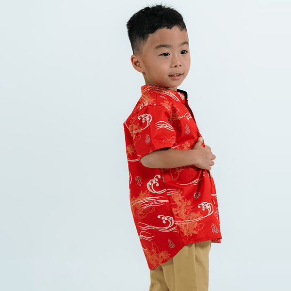 CNY Boy Shirt Mandarin Collar - Majestic Dragon (Red)