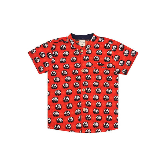 CNY Boy Shirt - Mandarin Collar - Prosperity Panda (Red)