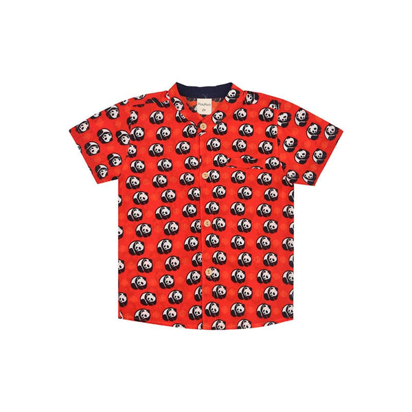 CNY Boy Shirt - Mandarin Collar - Prosperity Panda (Red)