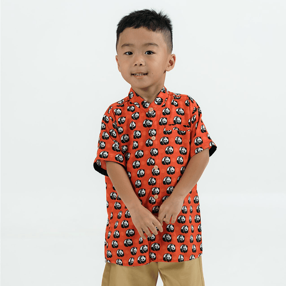 CNY Boy Shirt - Mandarin Collar - Prosperity Panda (Red)