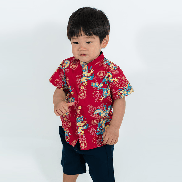 CNY Boy Shirt Mandarin Collar - Regal Dragon (Maroon)