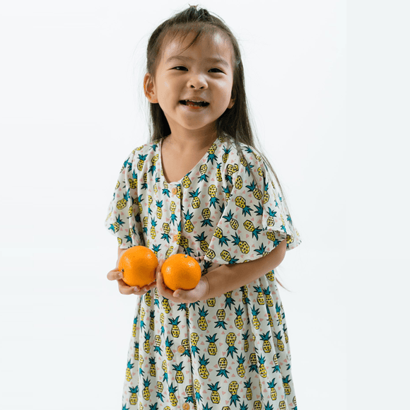 CNY Girl Dress Flutter Sleeve Button Down Pineapple Huat (Beige)