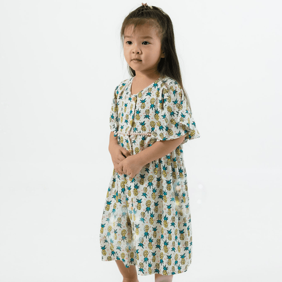CNY Girl Dress Flutter Sleeve Button Down Pineapple Huat (Beige)