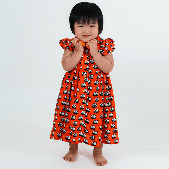 CNY Girl Dress Ruffle Sleeve Button Down Prosperity Pandas (Red)