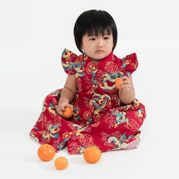 CNY Girl Dress Ruffle Sleeve Button Down Regal Dragon (Maroon)