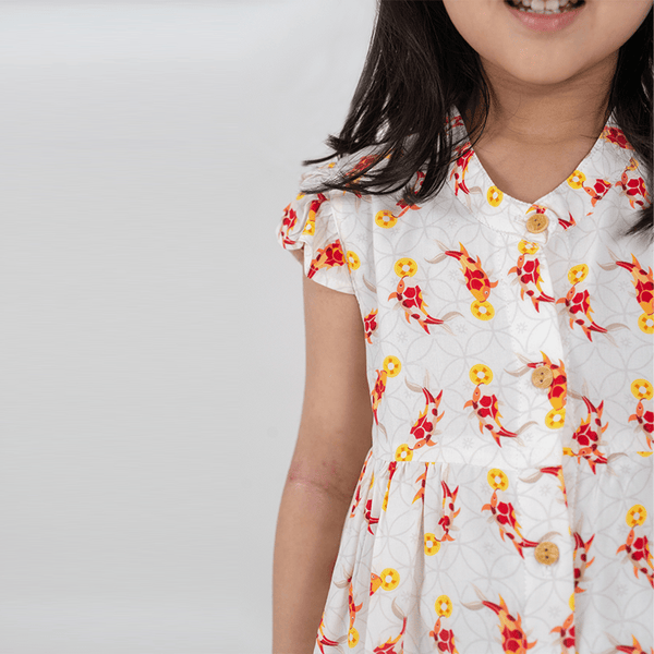 CNY Girl Ruffle Sleeve Button Down Dress Abundance Koi (Beige)