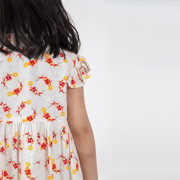 CNY Girl Ruffle Sleeve Button Down Dress Abundance Koi (Beige)