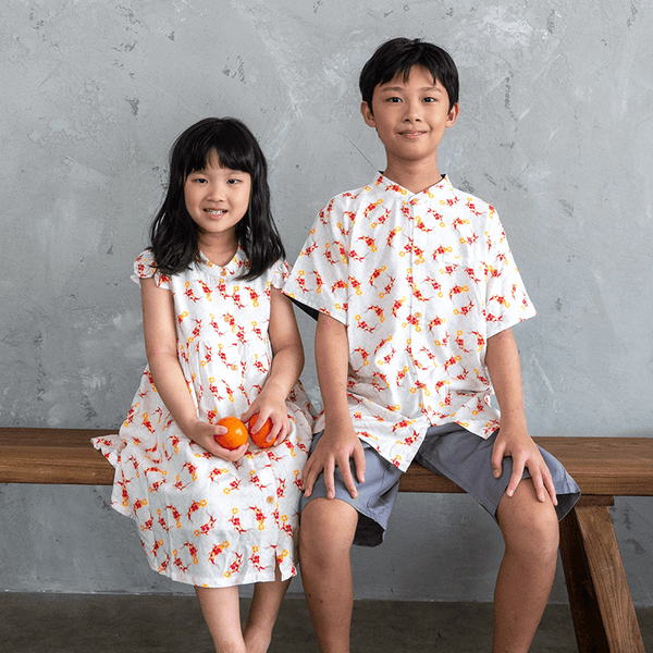 CNY Girl Ruffle Sleeve Button Down Dress Abundance Koi (Beige)