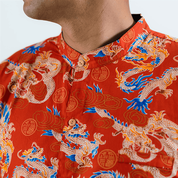 CNY Men Mandarin Collar Shirt - Auspicious Dragon (Red)