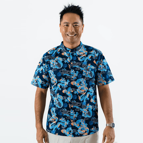 CNY Men Mandarin Collar Shirt - Celestial Dragon (Blue) Men