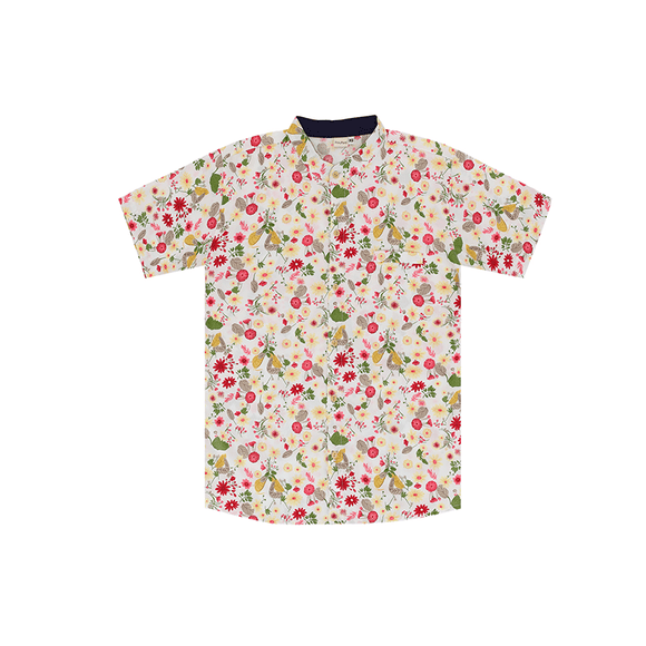CNY Men Mandarin Collar Shirt - Gerberas & Daisies (White)