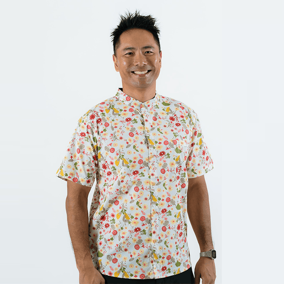 CNY Men Mandarin Collar Shirt - Gerberas & Daisies (White)