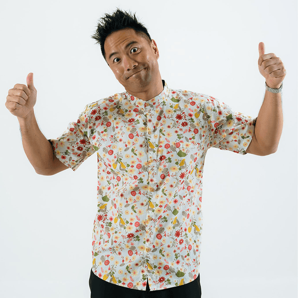 CNY Men Mandarin Collar Shirt - Gerberas & Daisies (White)