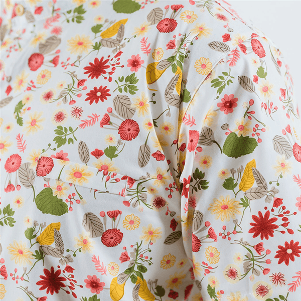 CNY Men Mandarin Collar Shirt - Gerberas & Daisies (White)
