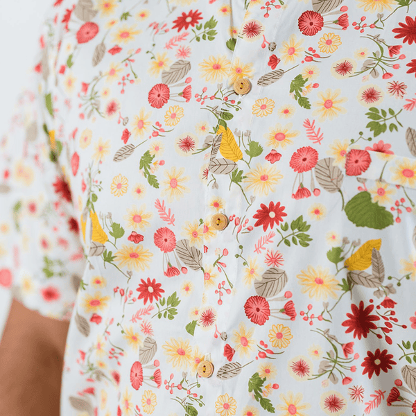 CNY Men Mandarin Collar Shirt - Gerberas & Daisies (White)