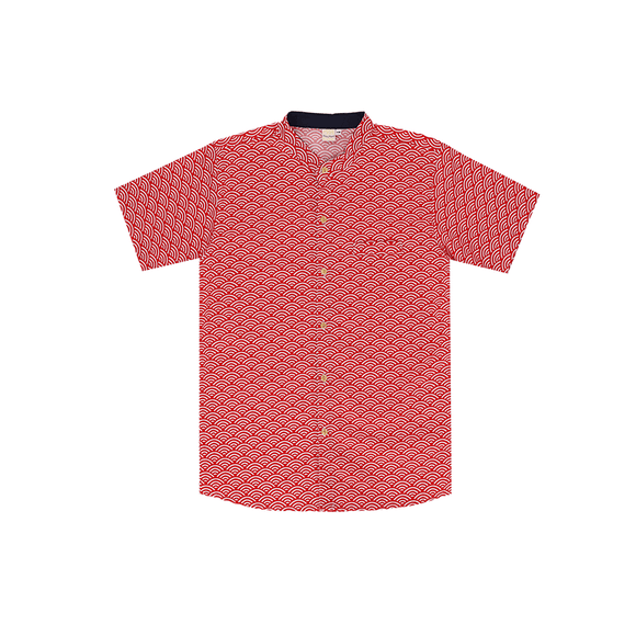 CNY Men Mandarin Collar Shirt - Japanese Wave (Red)