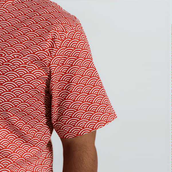 CNY Men Mandarin Collar Shirt - Japanese Wave (Red)