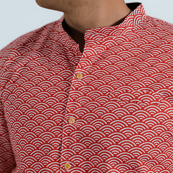 CNY Men Mandarin Collar Shirt - Japanese Wave (Red)