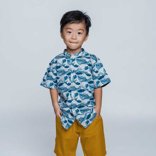 Boy Shirt Mandarin Collar - The Great Wave (Blue)