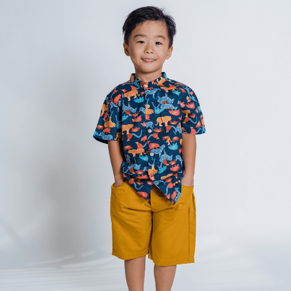 Boy Shirt Mandarin Collar - Wild Safari Adventures (Navy)
