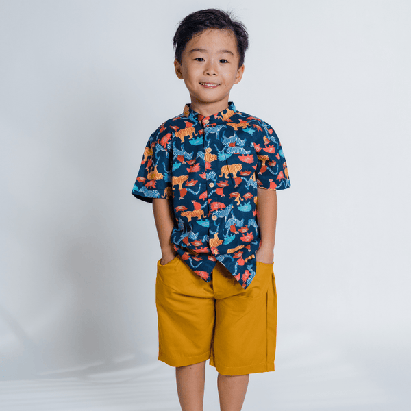 Boy Shirt Mandarin Collar - Wild Safari Adventures (Navy)