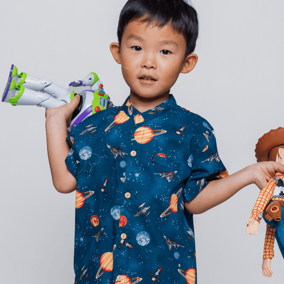Boy Shirt Mandarin Collar - Little Planet Galaxy (Navy)