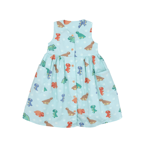 Girl Dress Button Down Sleeveless Big Eye Dinos - (Mint Green)