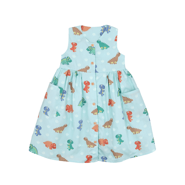 Girl Dress Button Down Sleeveless Big Eye Dinos - (Mint Green)