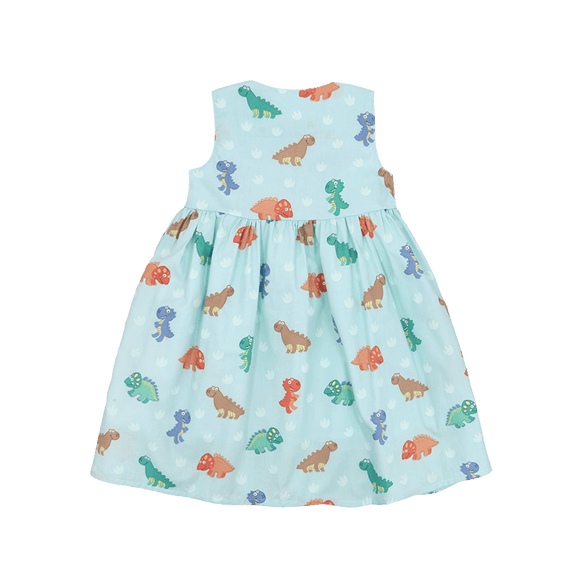Girl Dress Button Down Sleeveless Big Eye Dinos - (Mint Green)
