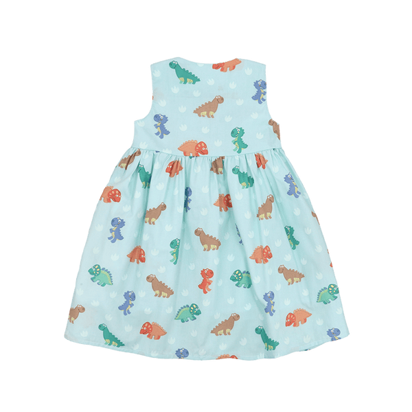 Girl Dress Button Down Sleeveless Big Eye Dinos - (Mint Green)