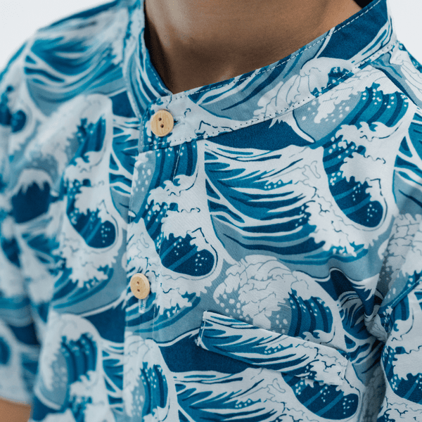 Boy Shirt Mandarin Collar - The Great Wave (Blue)
