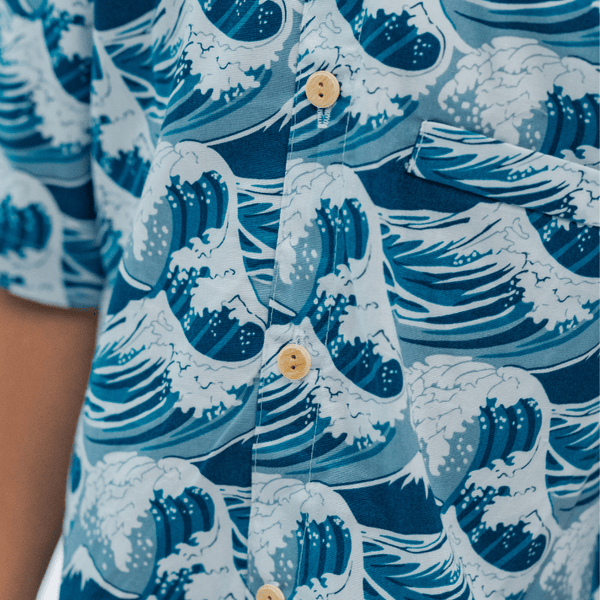 Boy Shirt Mandarin Collar - The Great Wave (Blue)
